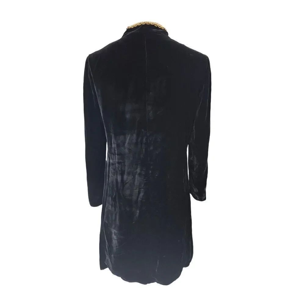 Vtg Black Velvet  Dress Coat Gold Trim Pockets Zipper down front 60s 70s Women L
